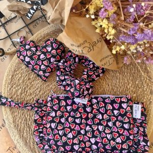 Σετ SMALL Τσαντάκι , Scrunchie , μπρελόκ HEARTS BLACK