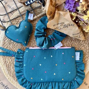Σετ SMALL Τσαντάκι , Scrunchie , μπρελόκ HEARTS GREEN